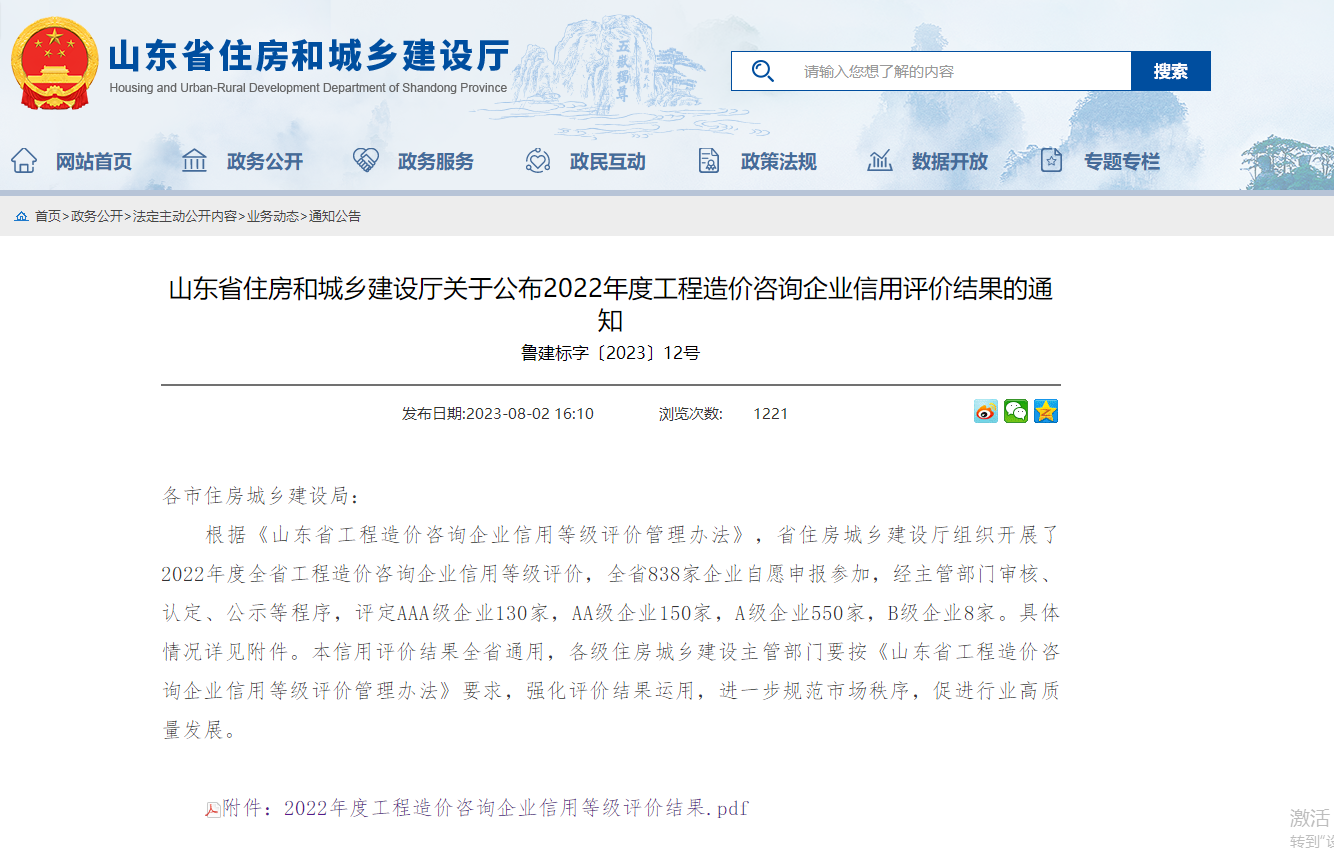 山东县绿田工程管理有限公司 被省住建厅评定为2022年度工程造价咨询 AAA级信用企业
